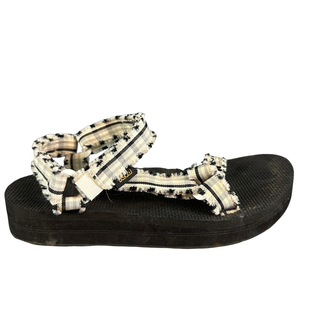Teva Midform Universal Plaid Frayed Edge Platform Sandals Black White Size 7